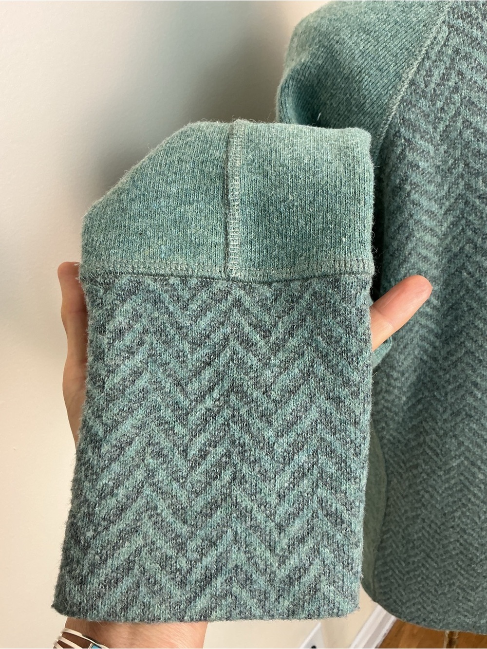 Prana Teal Lucia Wool Sweater Funnel Mock Neck Herringbone details Sz XL - Picture 5 of 8